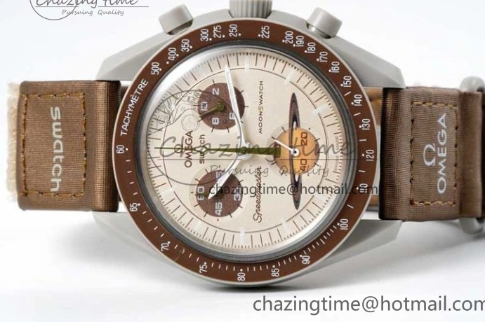 0427 Speedmaster Misson To Saturn 1:1 Best Edition Beige Dial On Nylon Strap Quartz Casual 7861